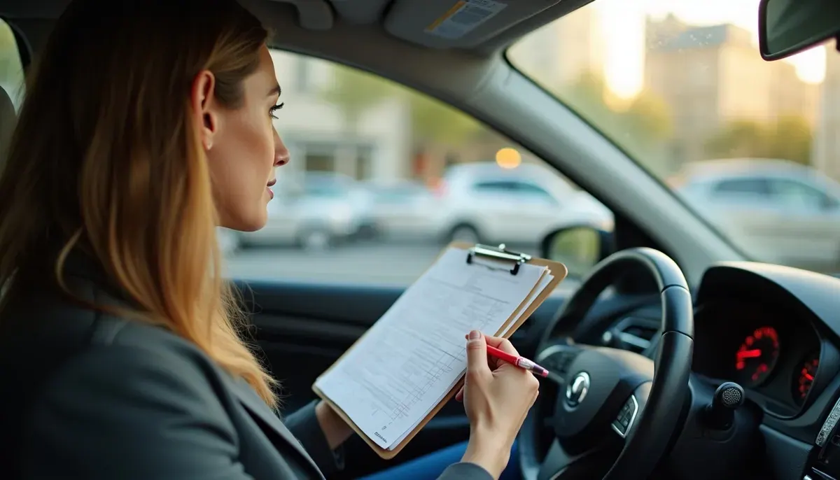 Inspecteur du permis avec grille d'évaluation sur les genoux dans une voiture à Paris