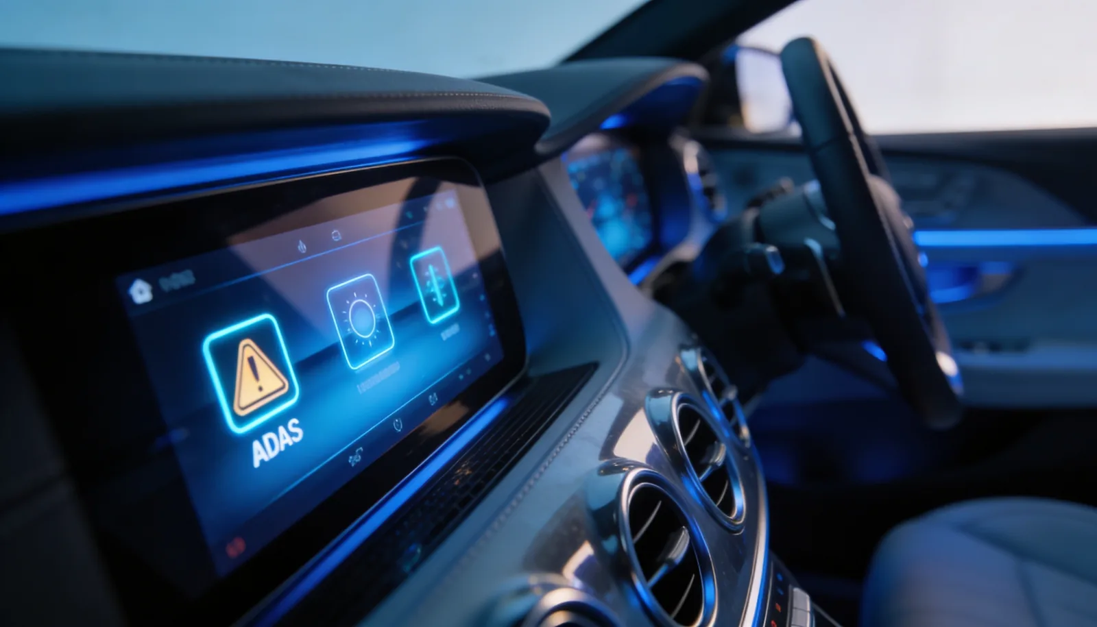 Tableau de bord d'une voiture neuve avec alertes ADAS actives