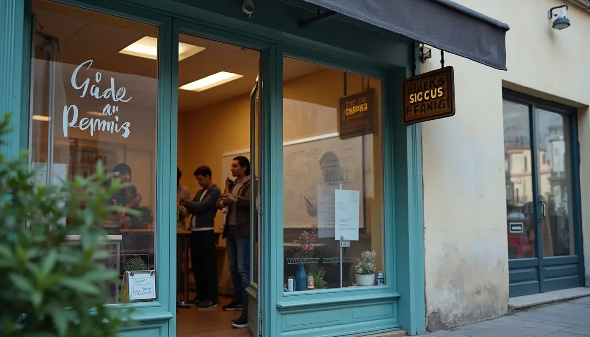 Local d'une auto-école associative avec affiche d'accompagnement social