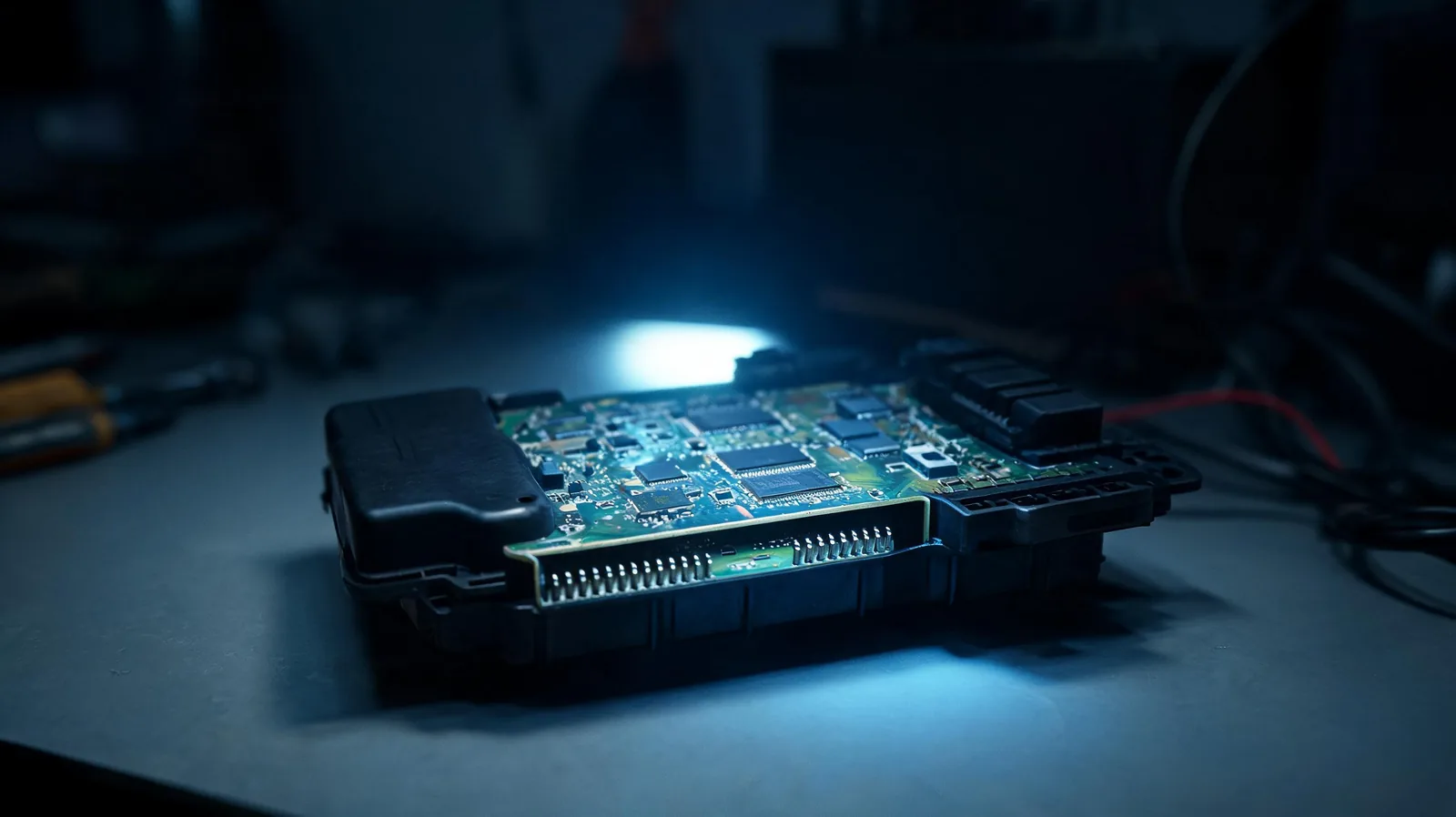 Boitier electronique noir EDR installe dans le compartiment moteur d une voiture moderne