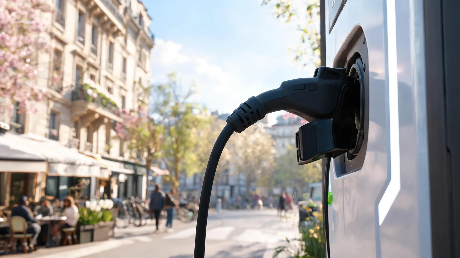Borne de recharge electrique en rue parisienne avec voiture electrique branchee