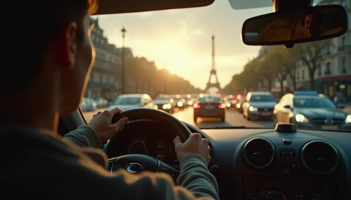 Jeune conducteur dans les bouchons parisiens, mains sur le volant, expression calme