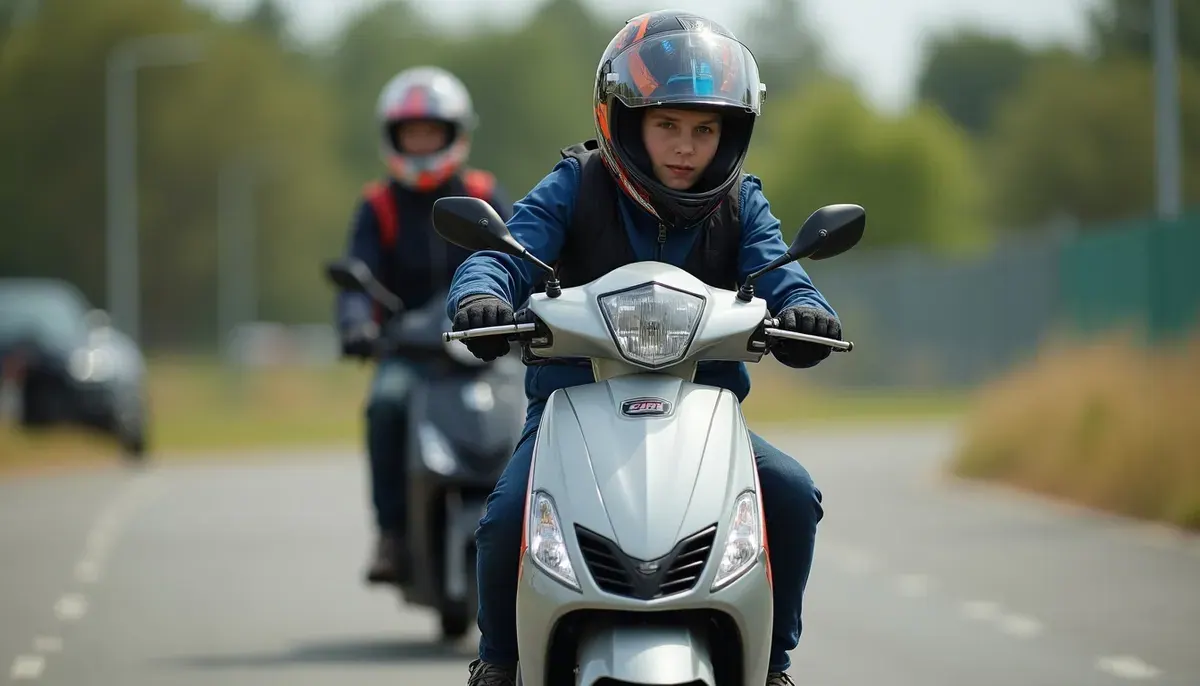 Adolescent en formation BSR sur scooter 50cc avec moniteur en plateau