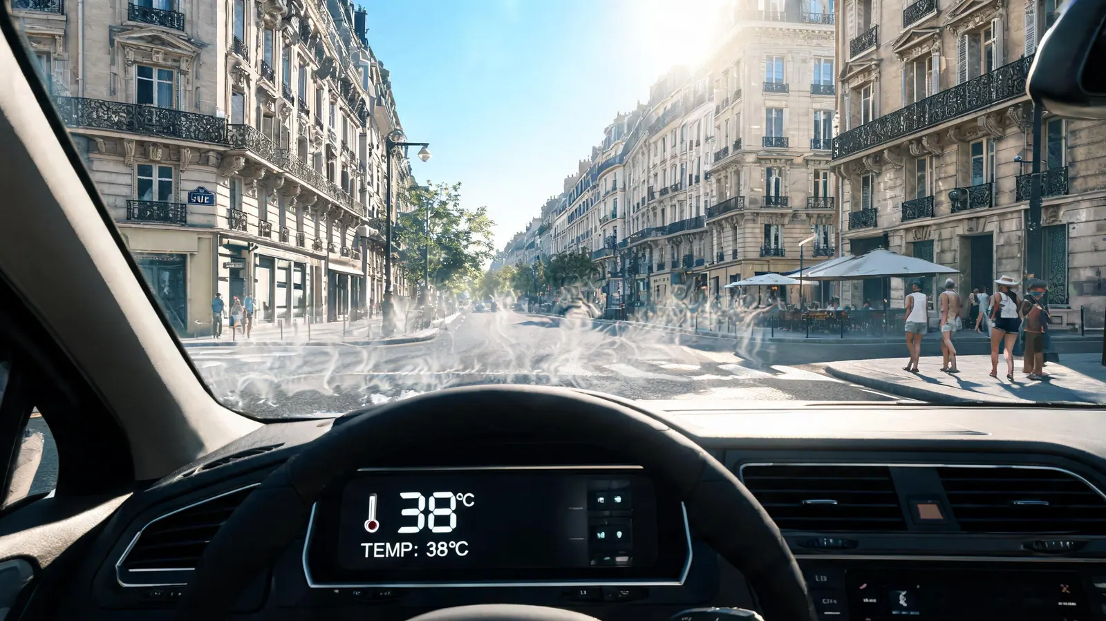 Rue parisienne en plein été avec thermomètre élevé et circulation