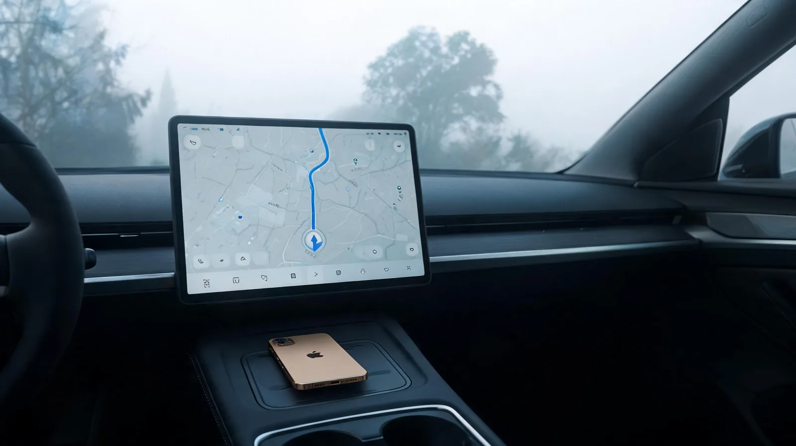 Tableau de bord avec interface CarPlay sans fil affichee sur ecran central