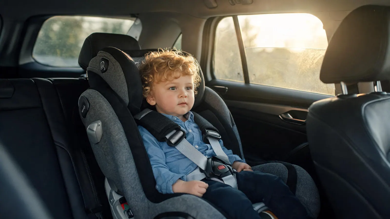 Enfant en bas âge installé dans un siège auto ISOFIX à l’arrière d’une voiture familiale