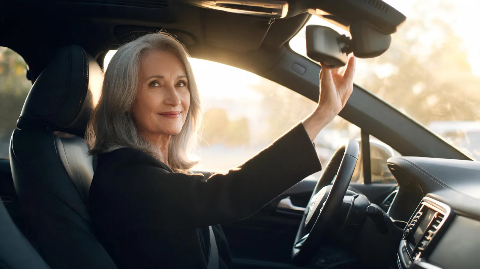 Conducteur senior au volant souriant, mains a 10h10 sur le volant