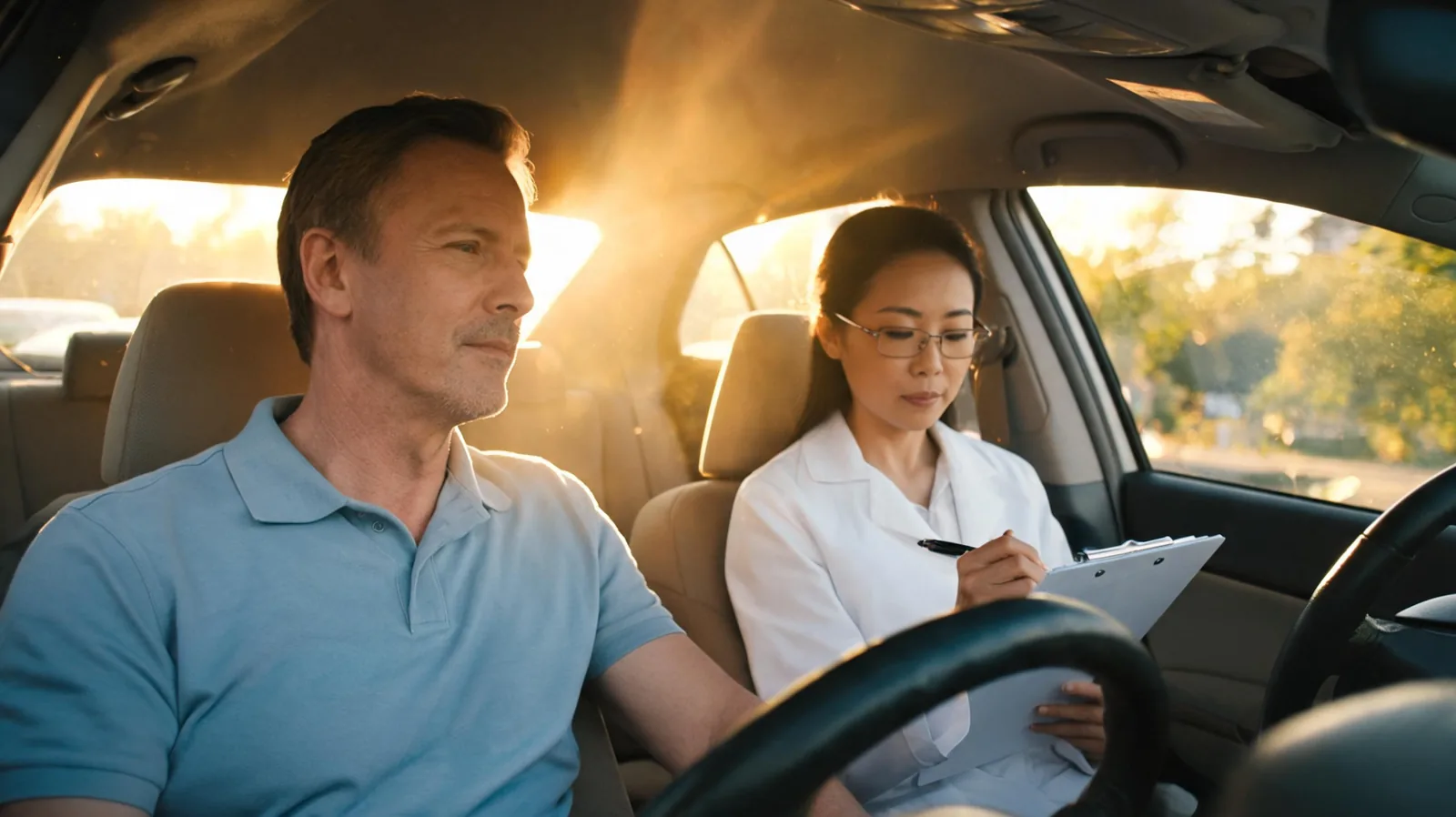 Personne convalescente reprenant le volant accompagnee d un ergotherapeute lors d une evaluation