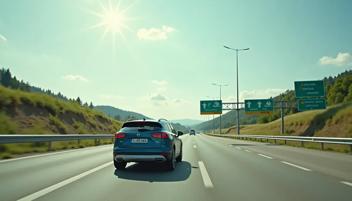 Voiture française sur une route européenne avec panneau d’autoroute italien