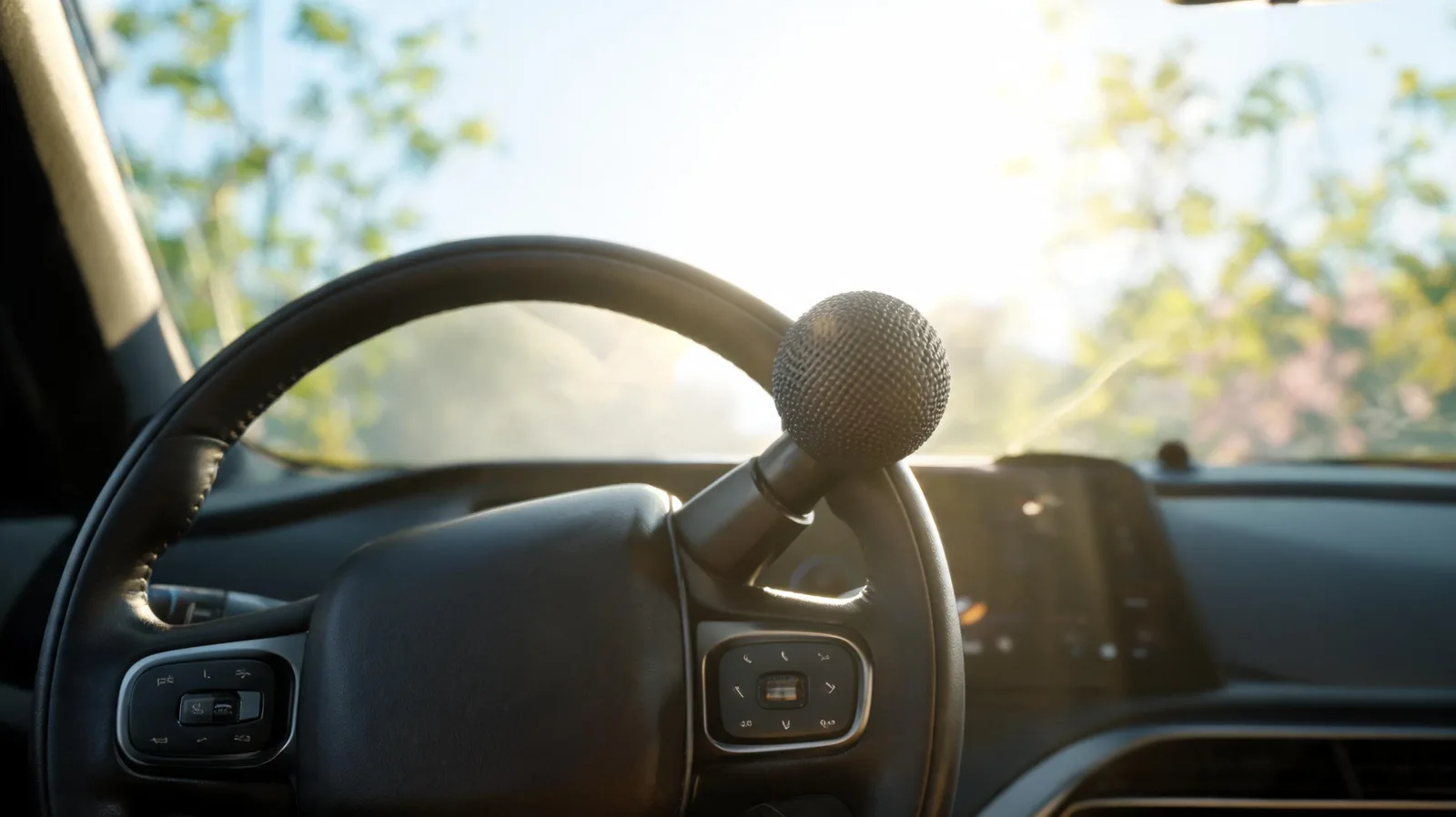Volant adapte avec boule de direction pour personne en situation de handicap dans une voiture moderne