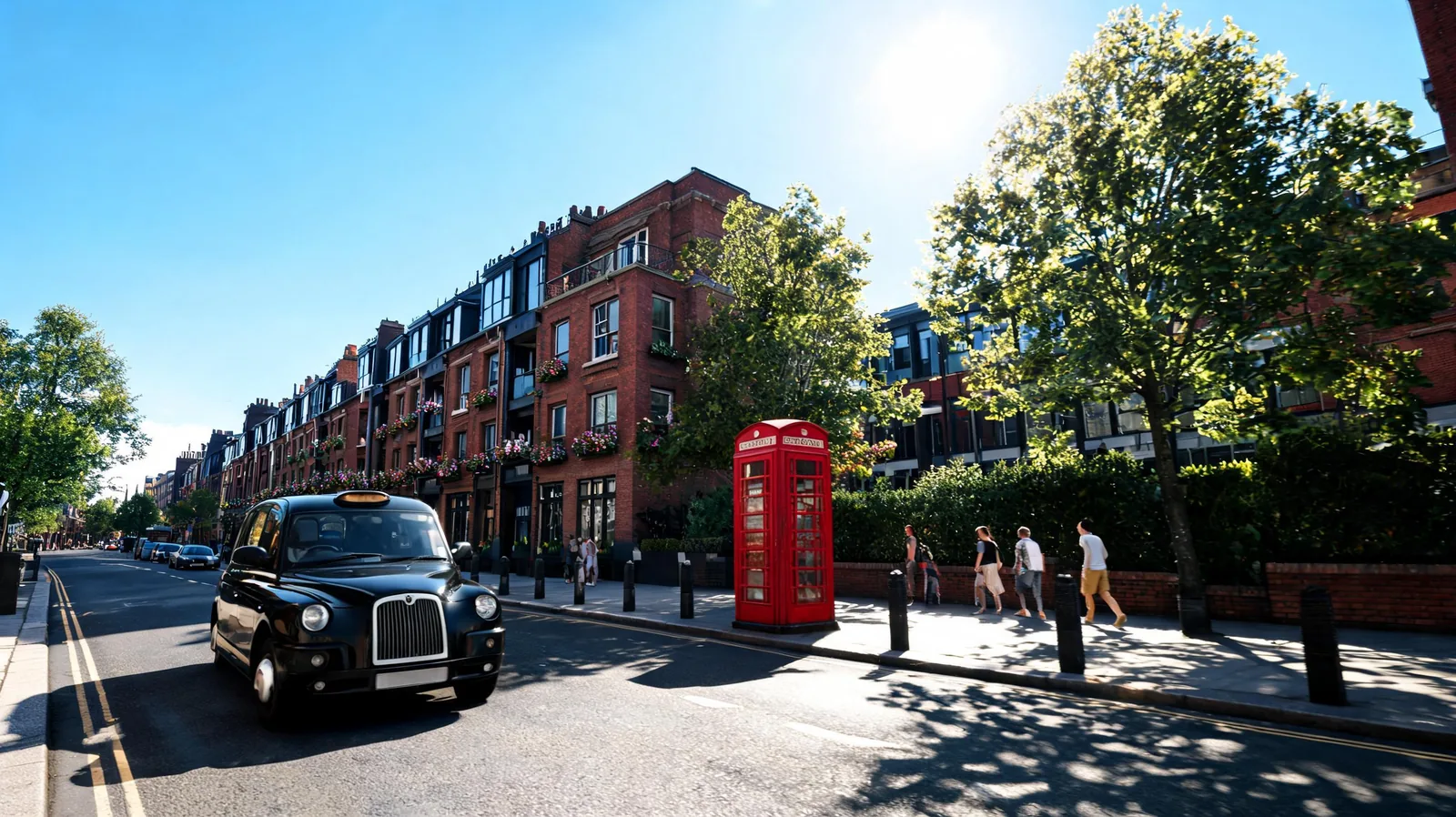 Voiture roulant a gauche dans rue de Londres typique