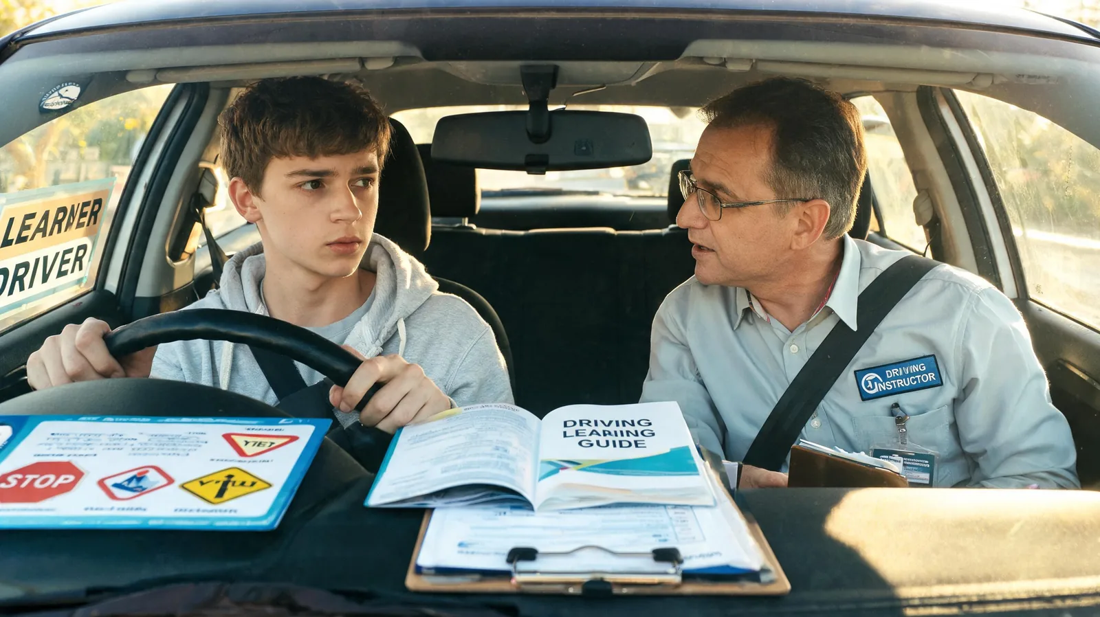 Jeune conducteur concentré au volant pendant une leçon d'auto-école