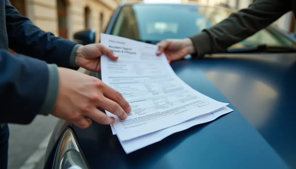 Deux conducteurs remplissant un constat amiable à côté de leurs véhicules