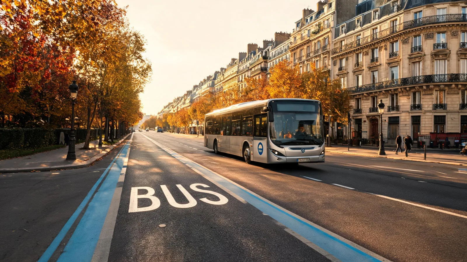 Couloir de bus parisien avec marquage au sol jaune et bus RATP