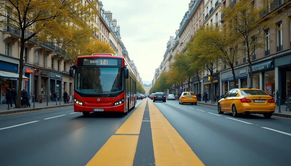 Couloir de bus à Paris avec bus RATP et taxi en circulation