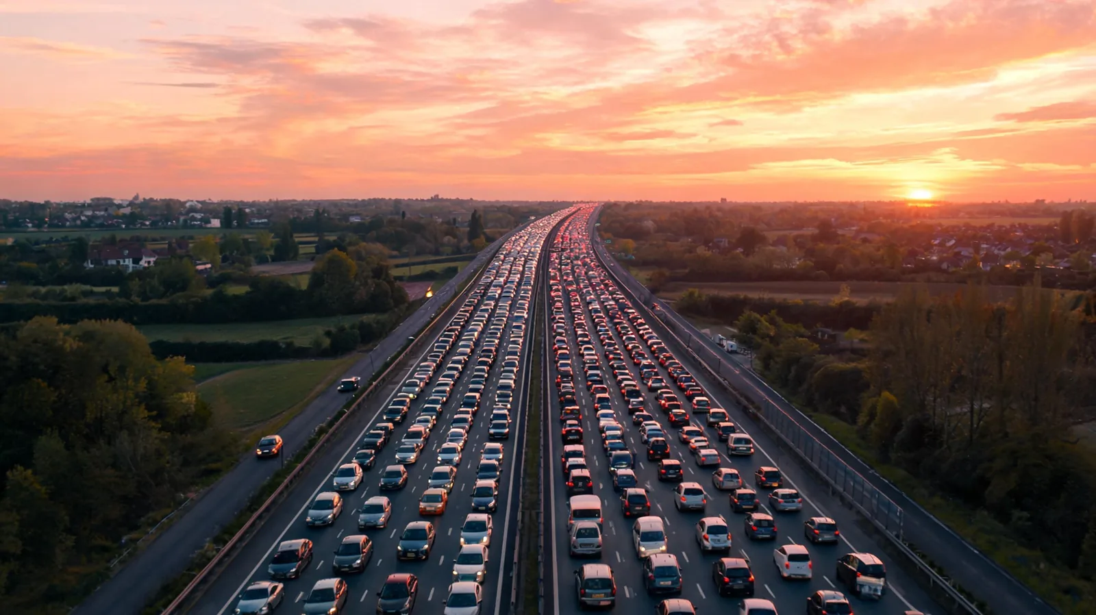 File de voitures bloquees sur autoroute francaise au coucher du soleil