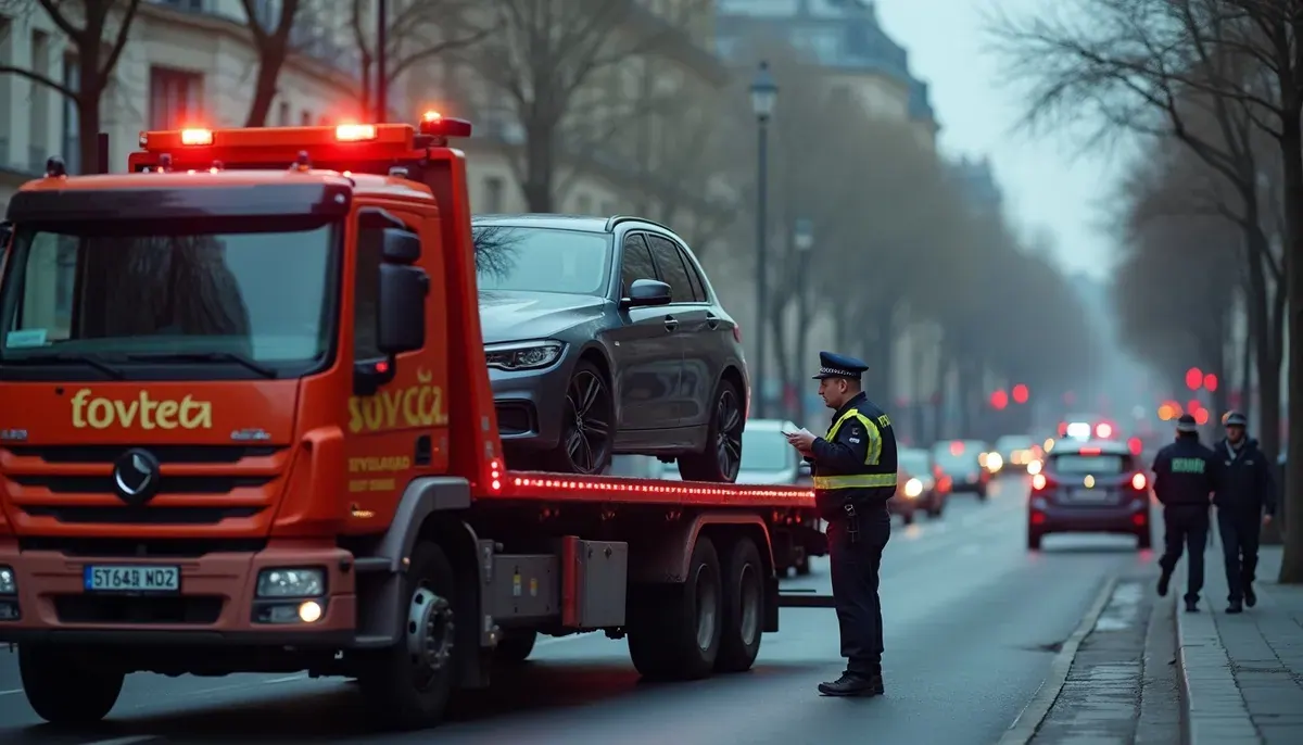 Camionnette de fourrière parisienne soulevant une voiture en stationnement illicite