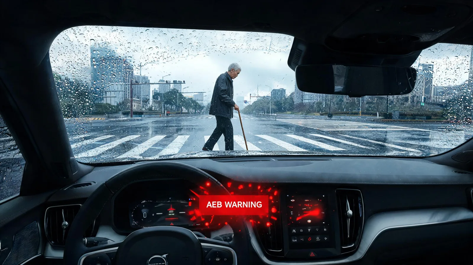 Voiture freinant automatiquement devant un piéton sur passage clouté