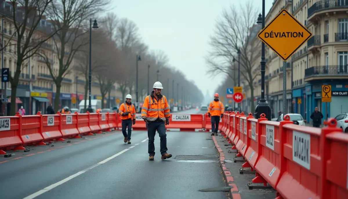 Chantier de voirie à Paris avec panneaux de déviation