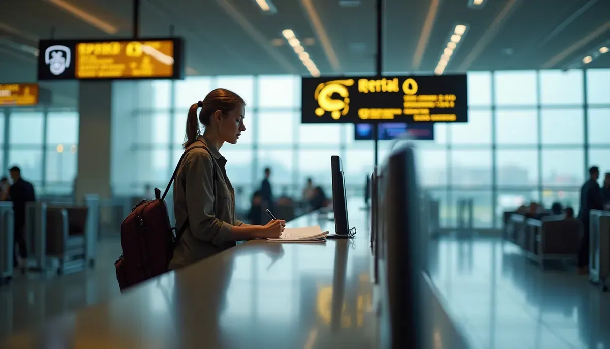 Comptoir de location de voiture dans un aéroport international avec voyageur
