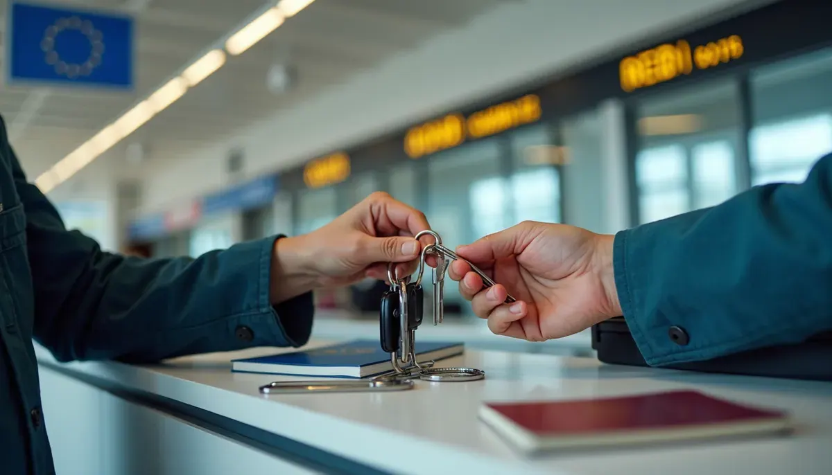 Couple récupérant les clés d'une voiture de location dans une agence européenne