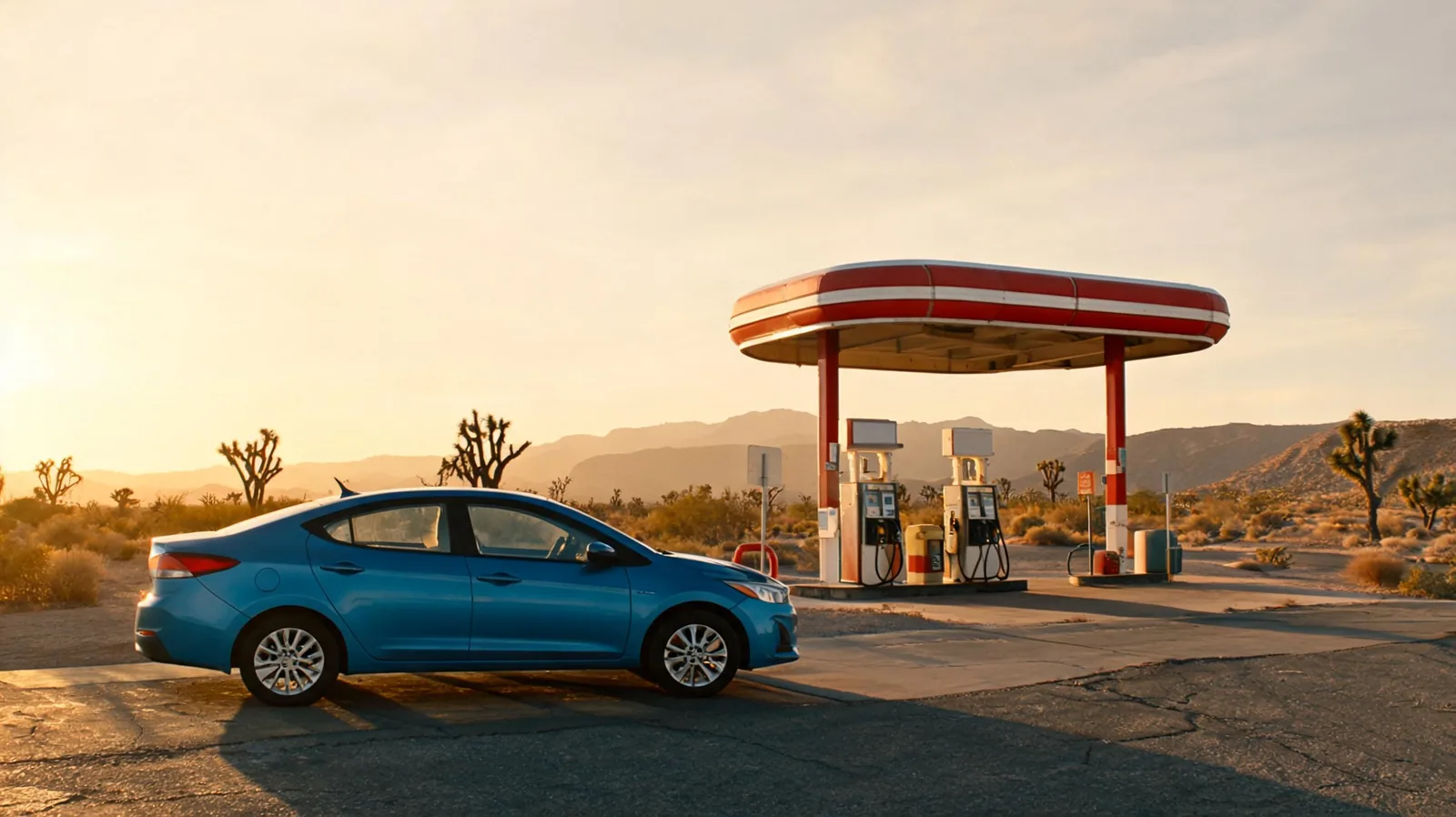 Voiture de location americaine devant station service en Californie