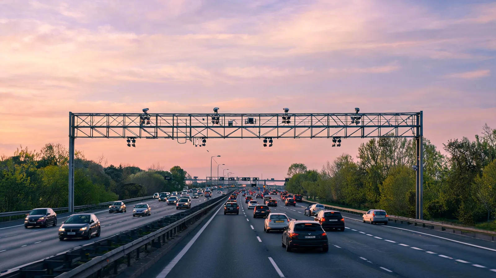 Portique de peage en flux libre sur autoroute A13 sans barriere avec cameras de lecture de plaques