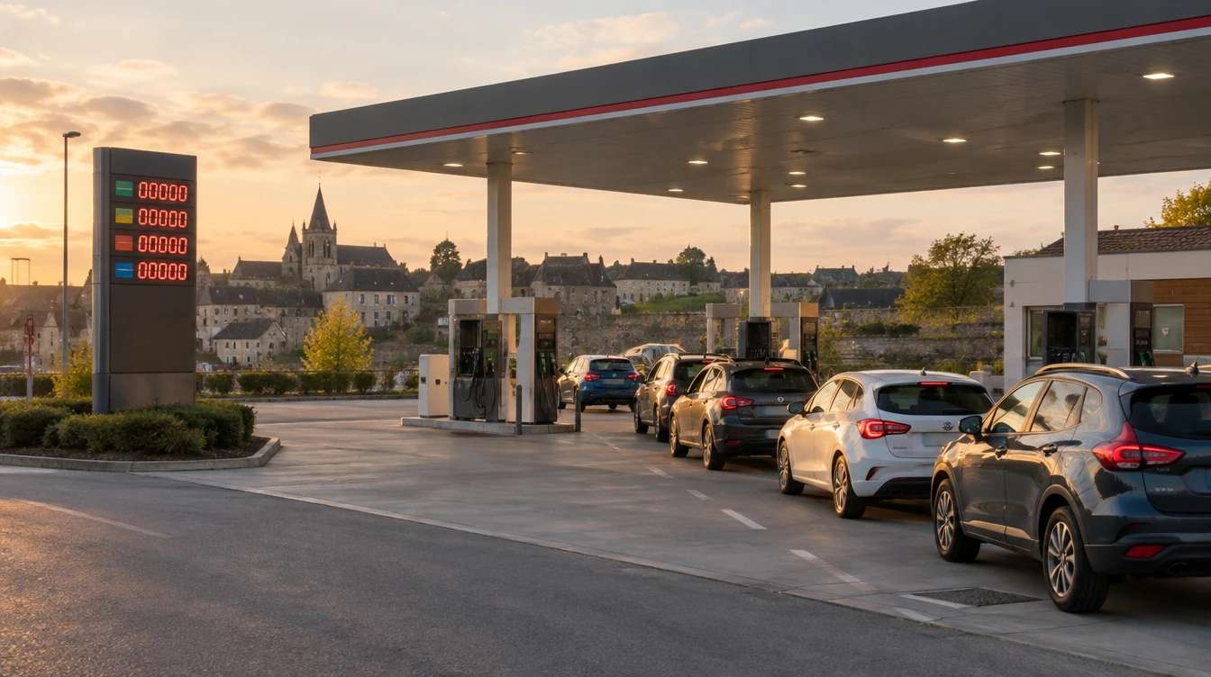 Panneau lumineux d'une station-service française affichant les prix des carburants, sous un ciel de fin de journée, sans véhicule au premier plan.