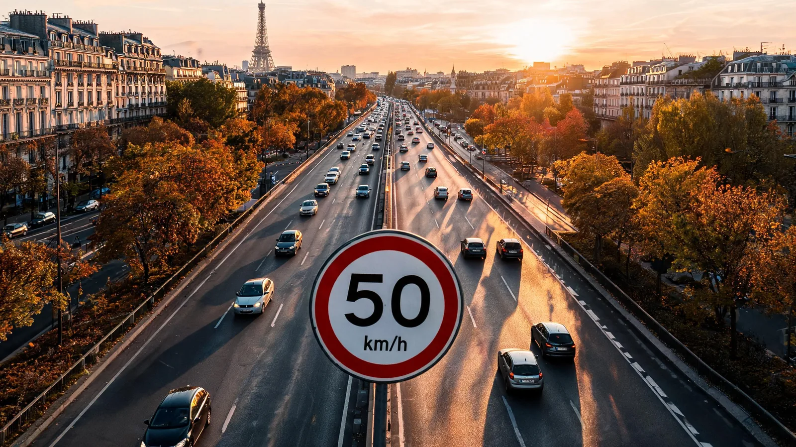 Boulevard périphérique parisien avec panneau 50 km/h et trafic en circulation