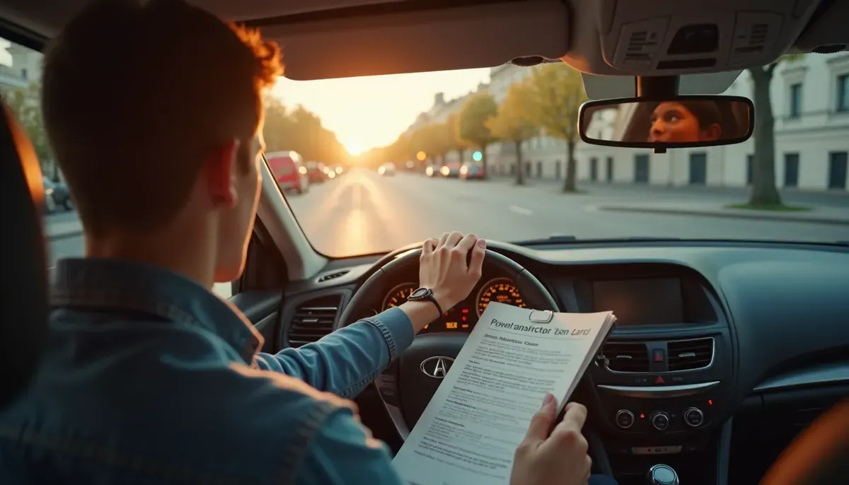 Jeune étudiante au volant d'une voiture-école à Paris, dossier de bourse sur les genoux