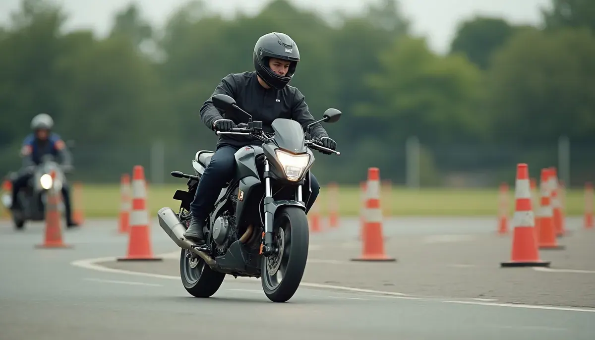 Conducteur moto en formation sur une piste d’auto-école française