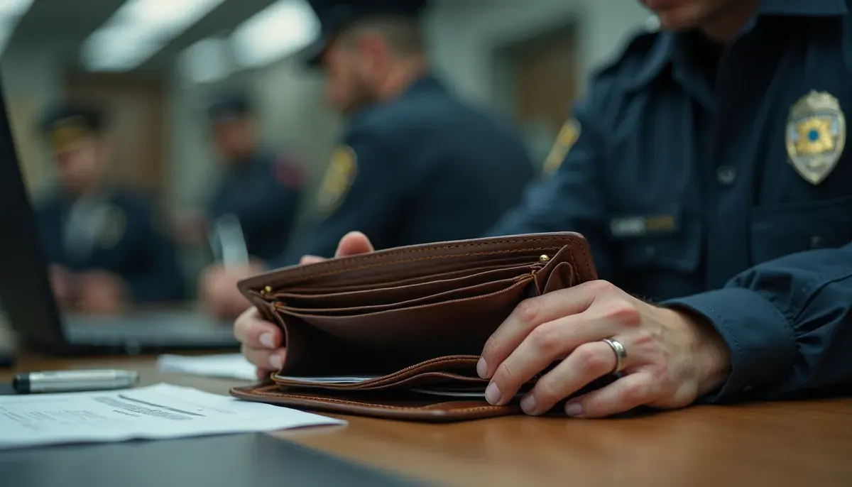 Portefeuille vide sur un comptoir de police suite à un vol