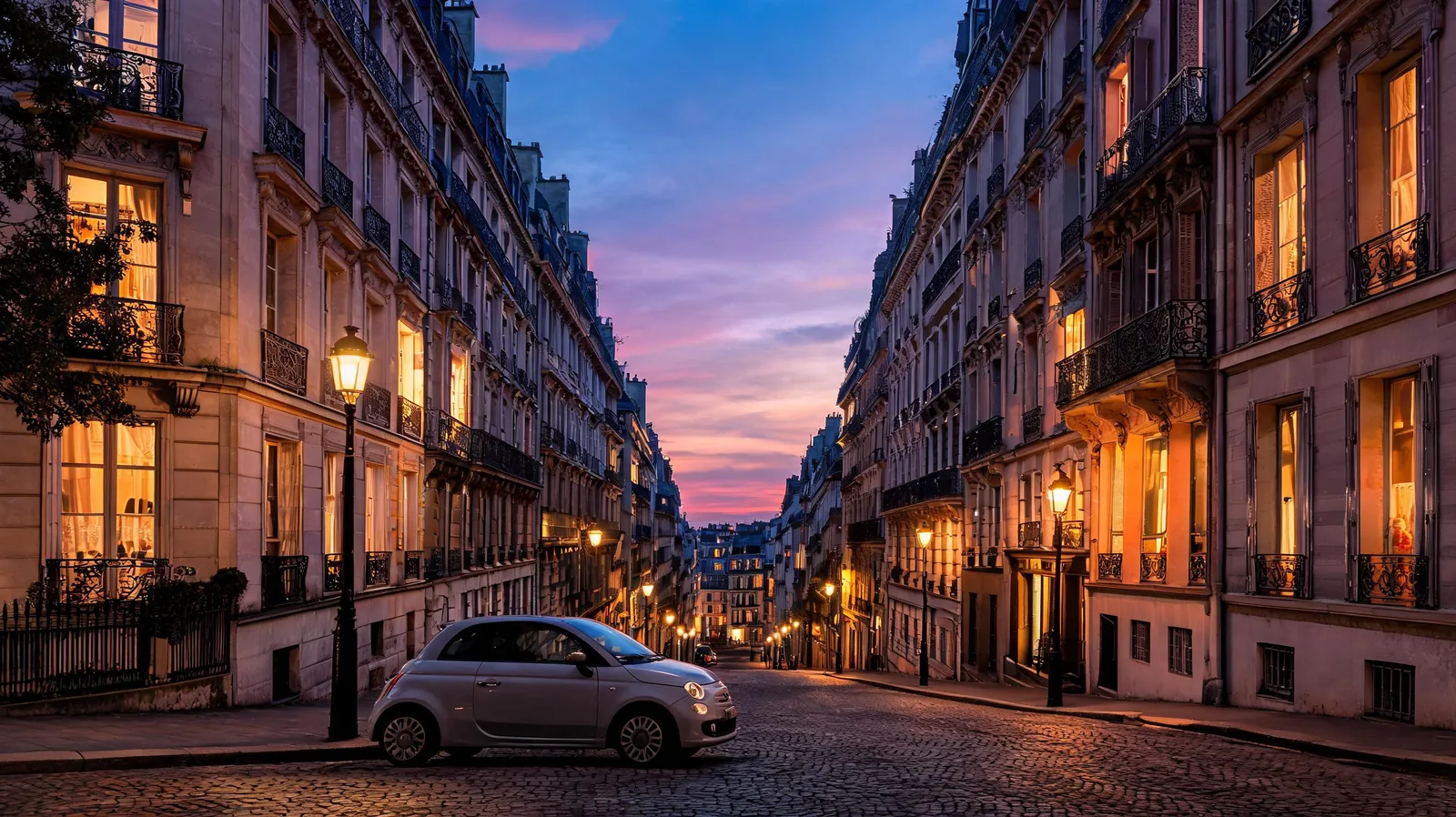 Petite citadine garée dans une rue étroite du centre de Paris