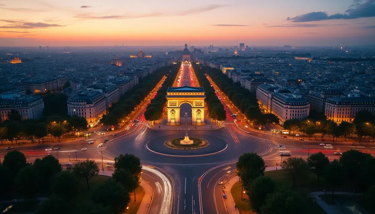 Arc de Triomphe et place de l'Étoile vue aérienne nuit