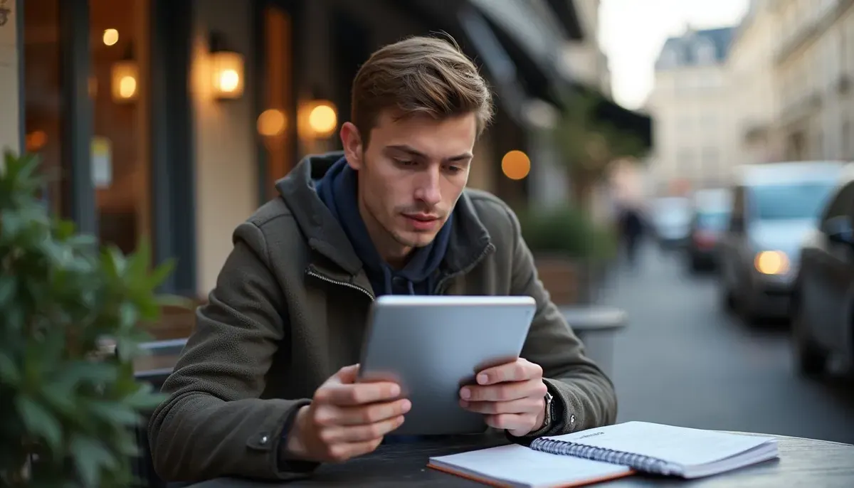 Candidat parisien révisant le code de la route sur tablette et livre ENPC en 2026