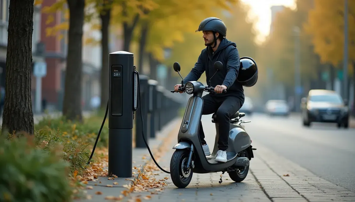 Scooter électrique urbain garé près d’une borne de recharge