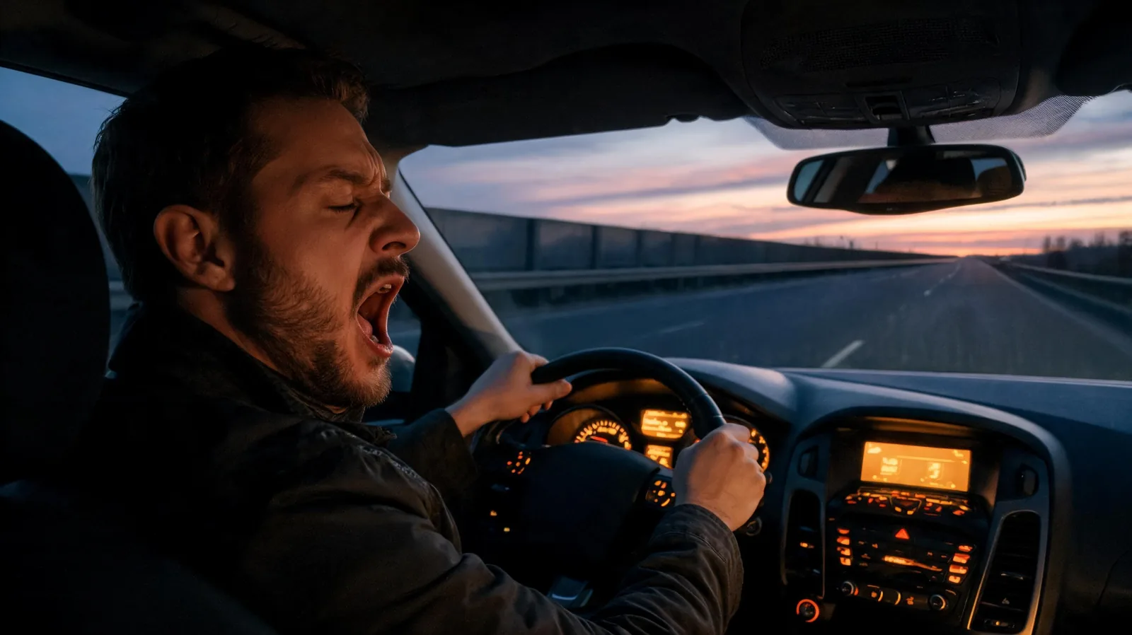 Conducteur fatigue qui se frotte les yeux au volant sur autoroute