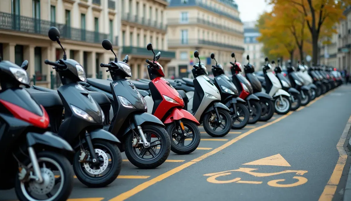 Scooters garés sur une place moto payante à Paris