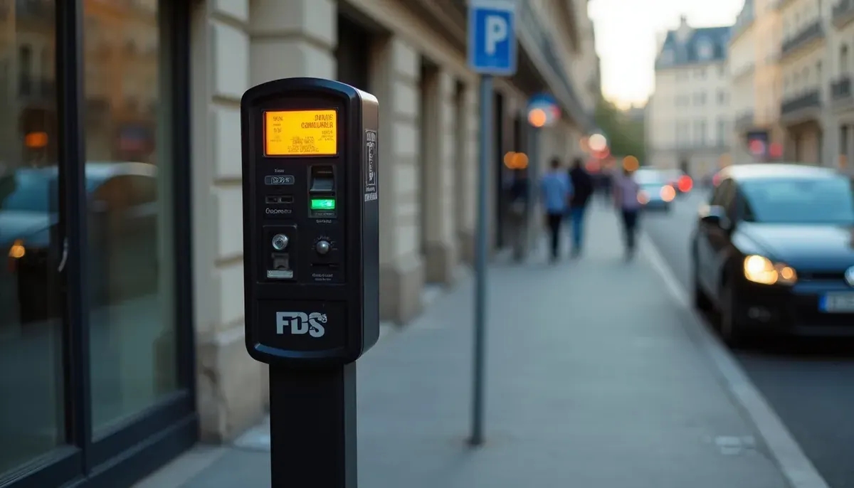 Horodateur moderne à Paris et voiture stationnée en rue