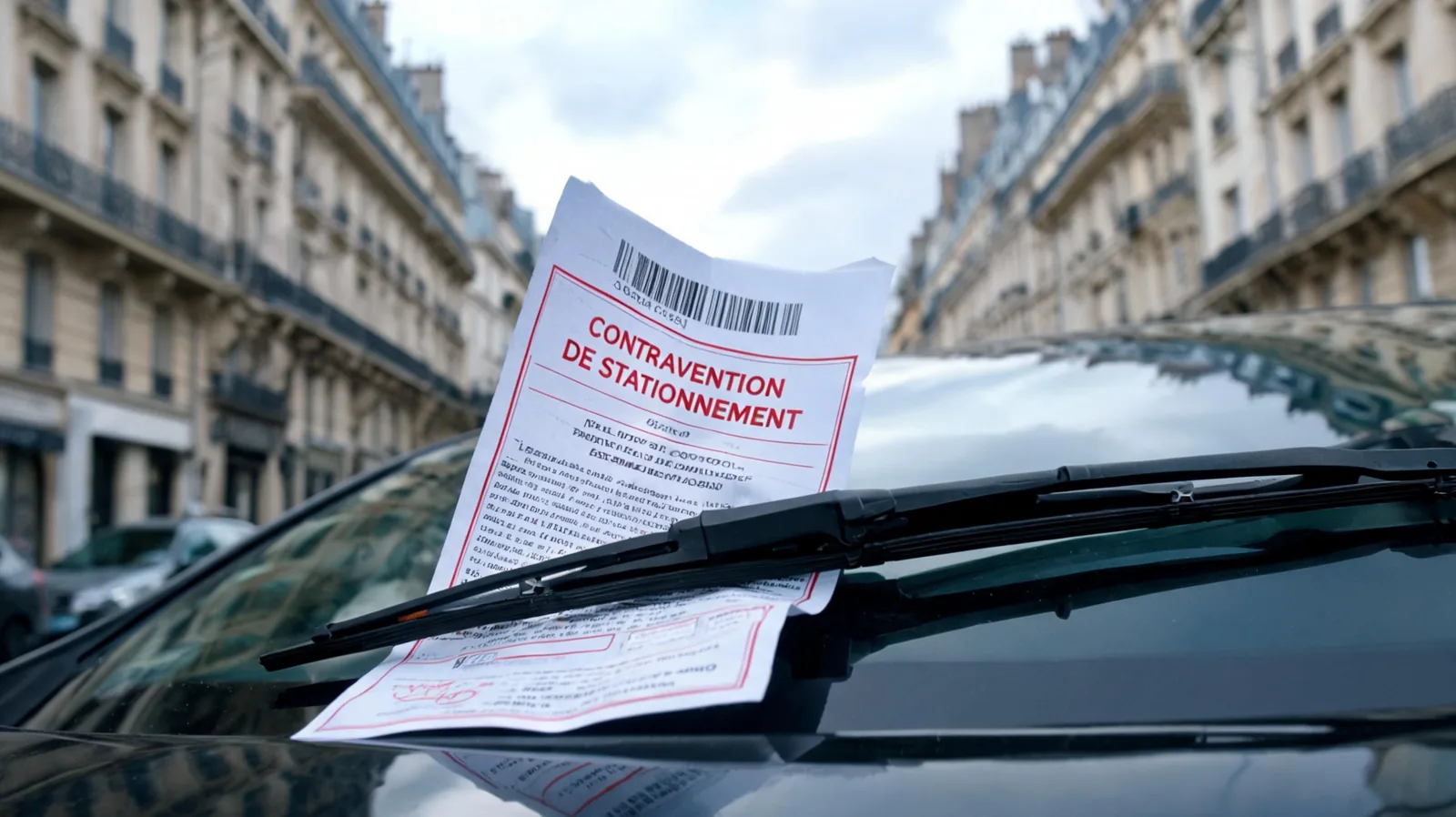 Voiture stationnée le long d'un trottoir parisien avec horodateur en arrière-plan
