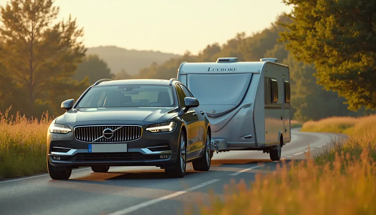 Voiture tractant une caravane sur une route, vue arrière