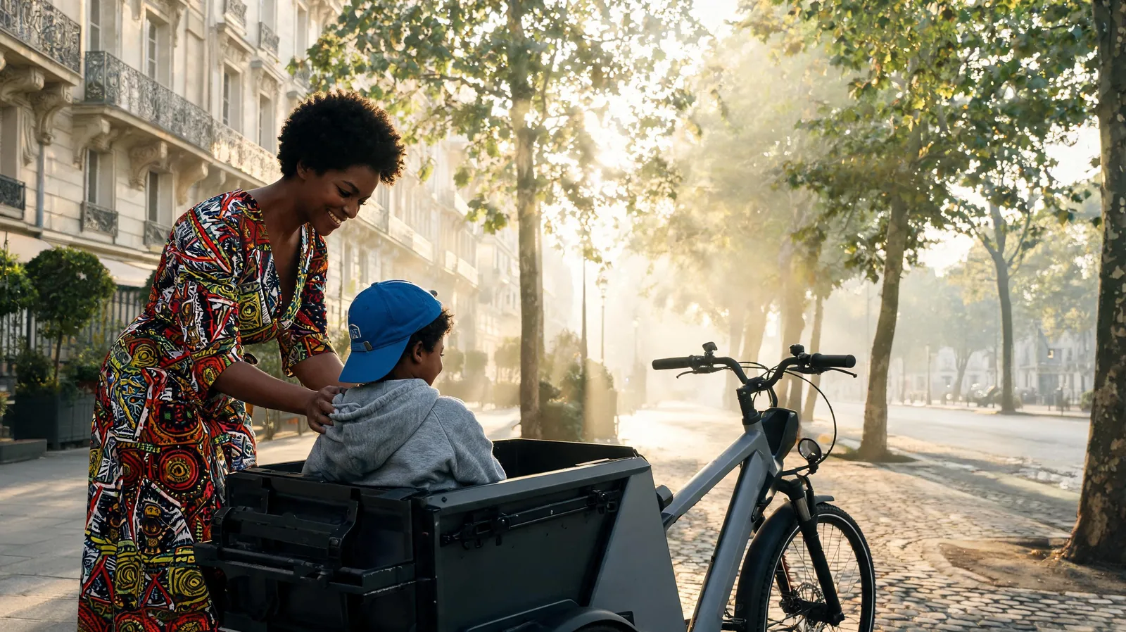 Velo cargo electrique avec enfants devant ecole parisienne