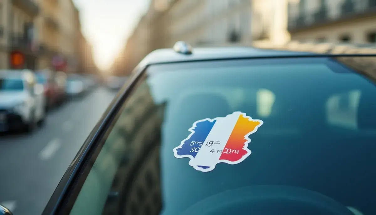 Vignette Crit’Air classe 1 collée sur un pare-brise avec fond flou de Paris