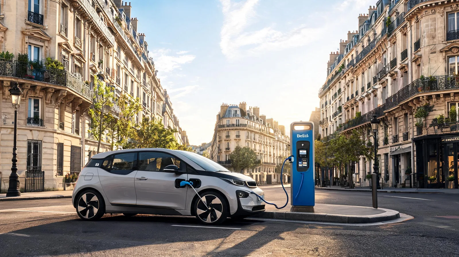 Petite voiture electrique citadine garee dans une rue de Paris avec borne de recharge