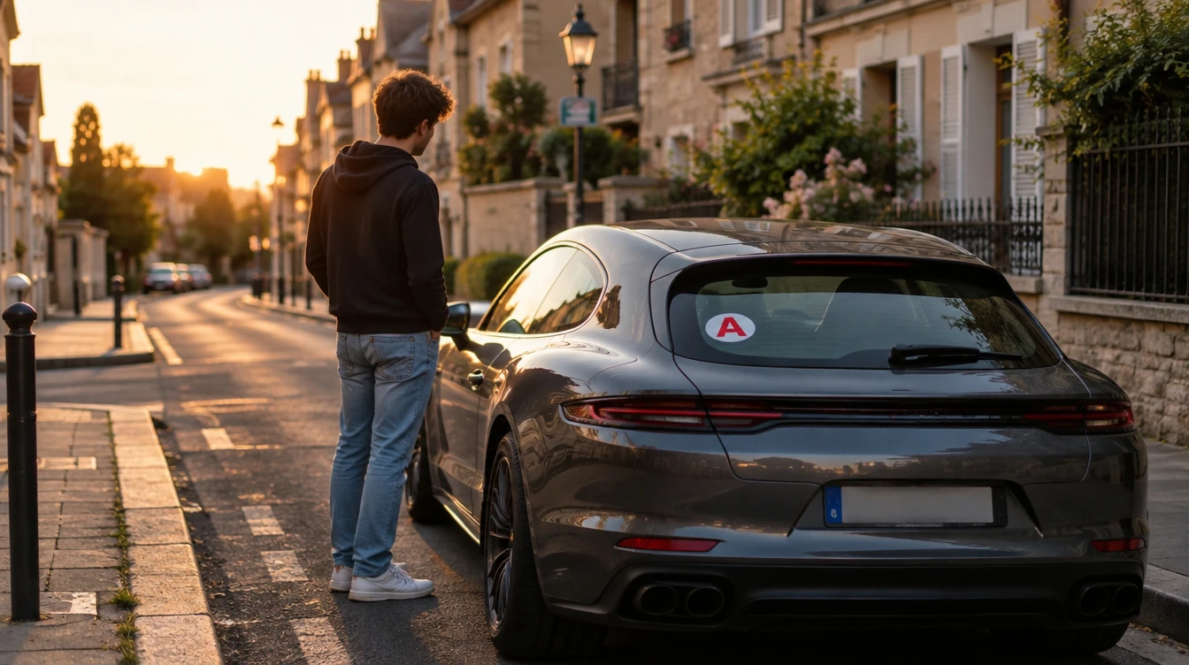 Jeune conducteur debout près de sa voiture, disque A rouge et blanc collé sur la lunette arrière, dans une rue résidentielle française en fin d'après-midi
