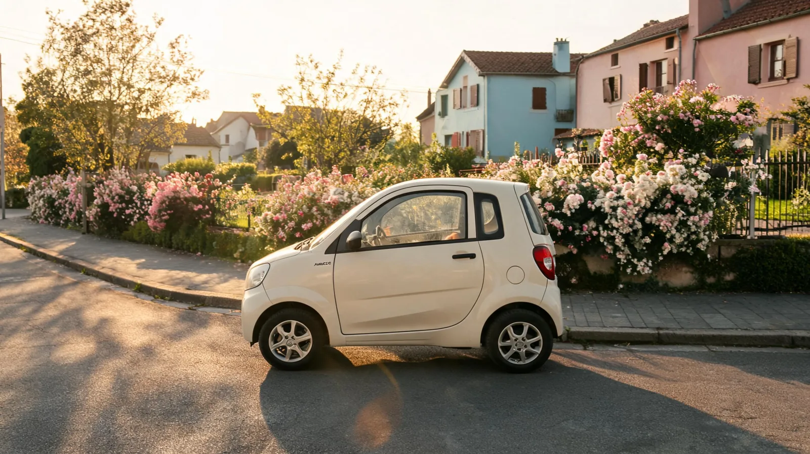 Petite voiture sans permis garee en zone urbaine devant un commerce