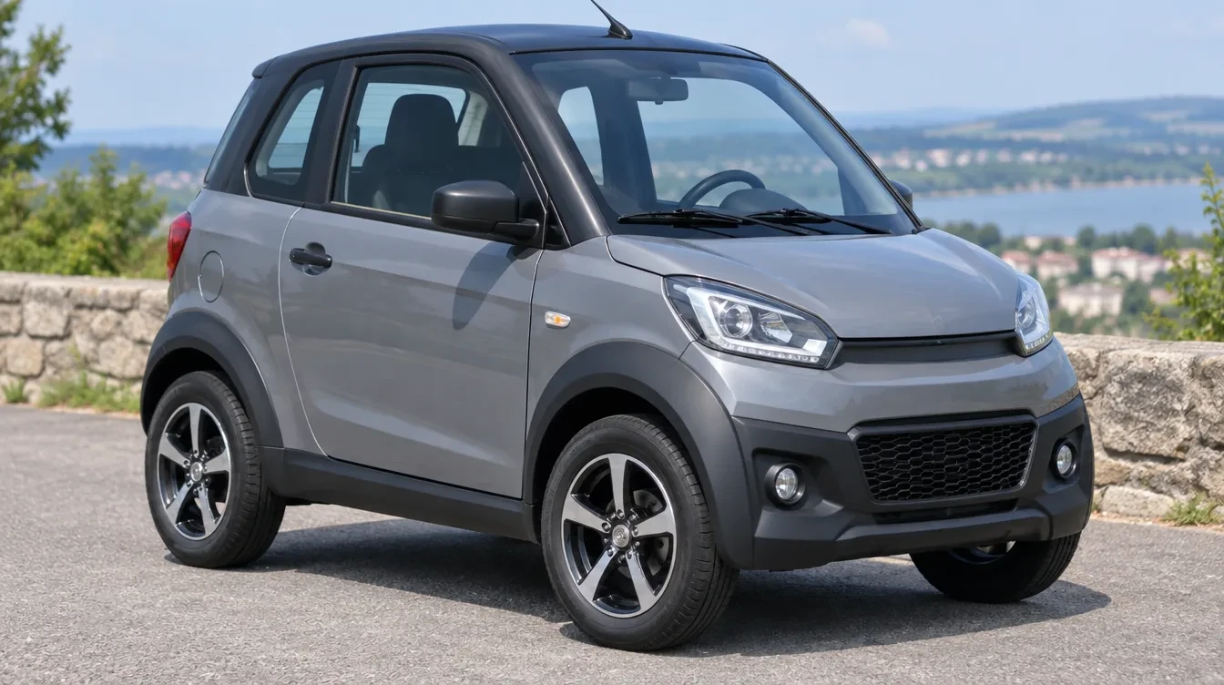 Voiturette grise deux places à l'arrêt sur un belvédère : le permis AM option quadricycle léger s'obtient dès 14 ans sans examen